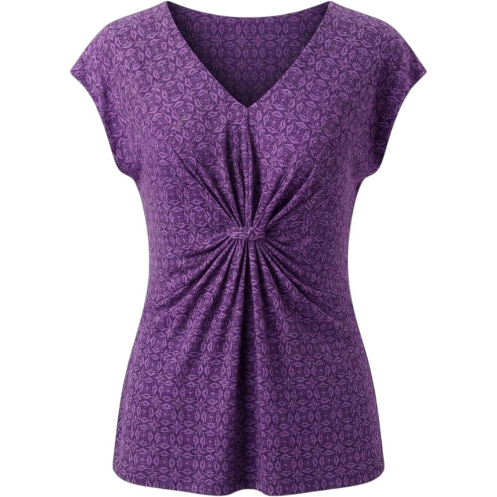 Liz & Co. V-Neck Knot Front Top Purple Print Rayon XL Modern Uniform Boho